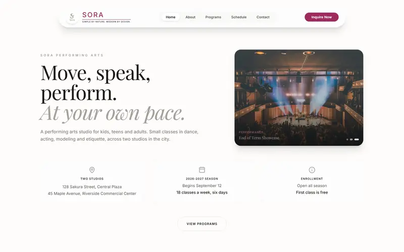 Performing arts homepage with a stage photo