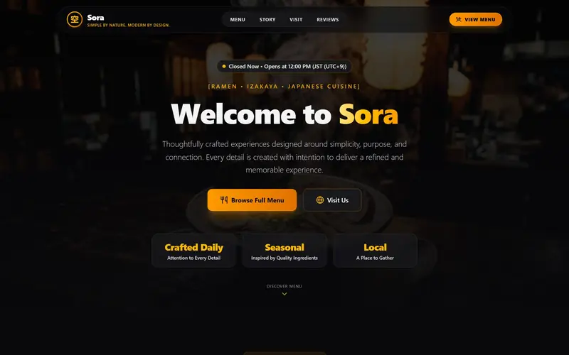 Dark restaurant homepage with a menu and booking button